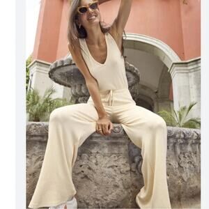 Beyond Yoga Womens Large Jetsetter Jumpsuit Ivory Loungewear One Piece Wide Leg